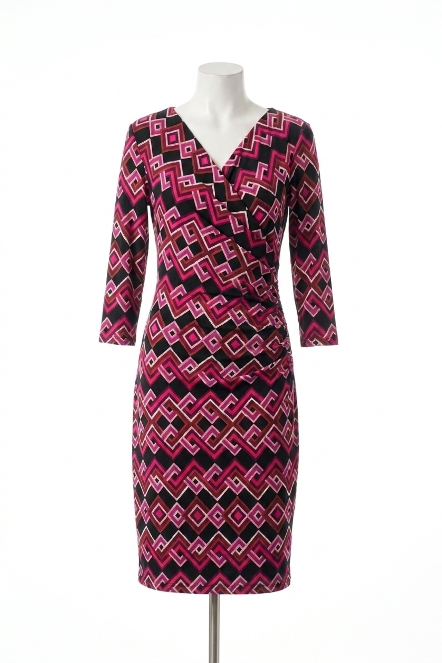 NEW JOSEPH RIBKOFF women's geometric faux wrap sheath dress in black/multi
